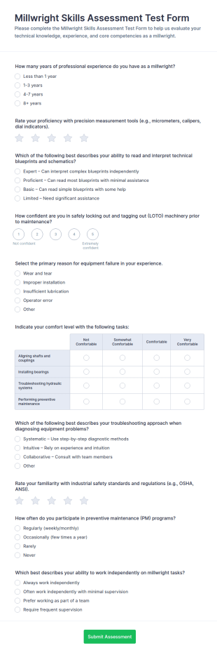 Millwright Skills Assessment Test Form Template