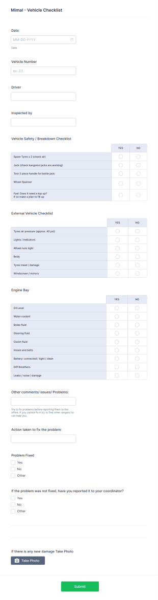Mimal Vehicle Checklist Form Template
