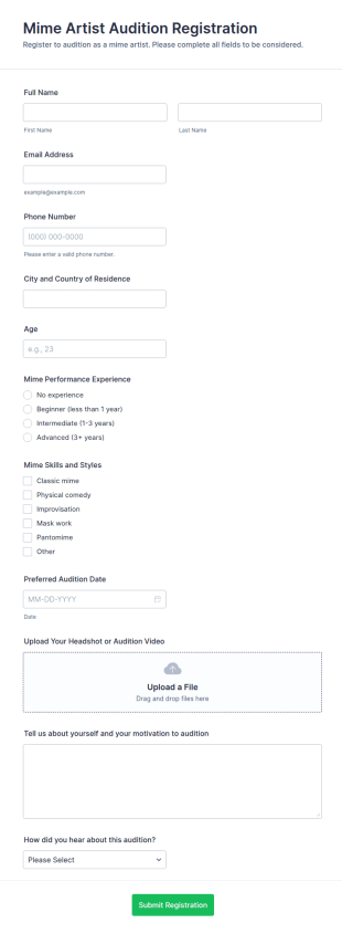 Mime Artist Audition Registration Form Template