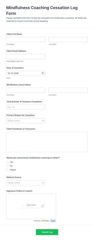 Mindfulness Coaching Cessation Log Form Template