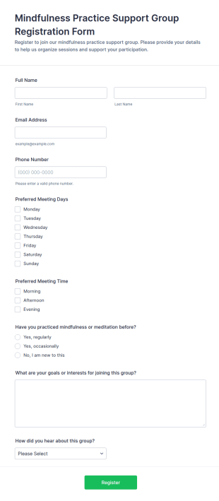 Mindfulness Practice Support Group Registration Form Template