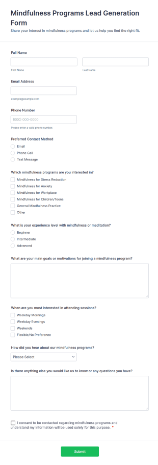 Mindfulness Programs Lead Generation Form Template