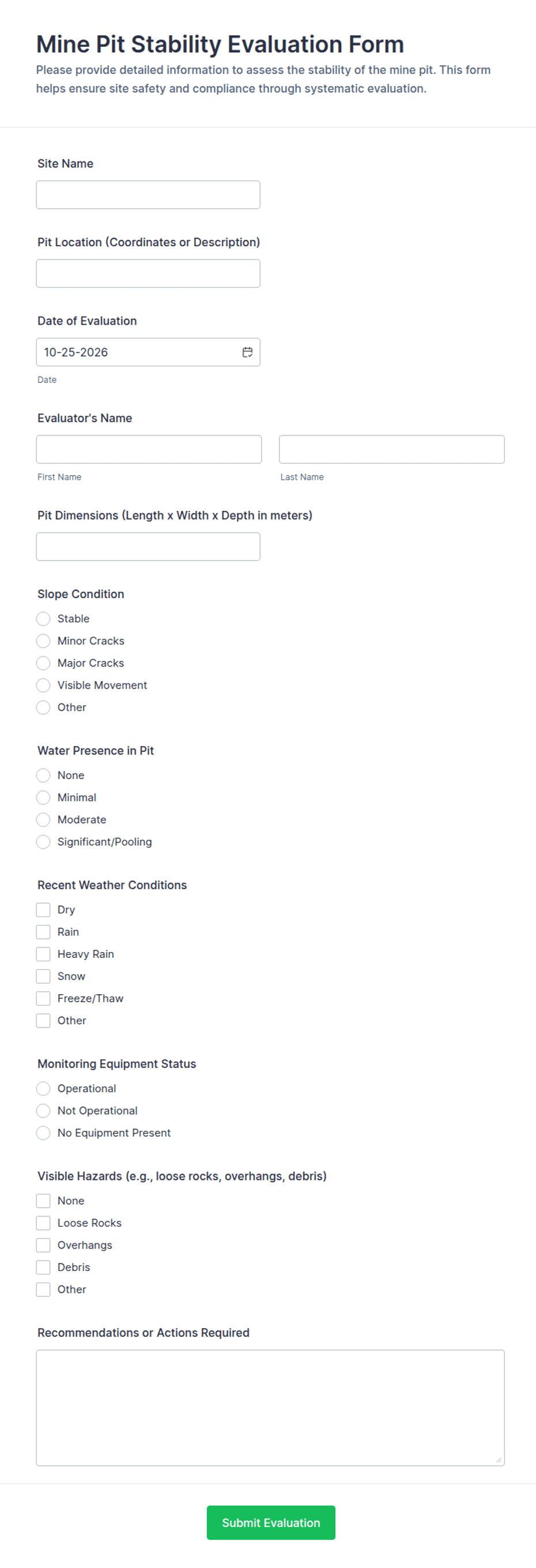 Rmv Forms.pdf Mine Pit Stability Evaluation Form Template | Jotform