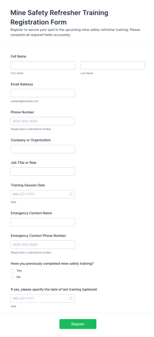 Mine Safety Refresher Training Registration Form Template