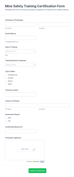 Mine Safety Training Certification Form Template