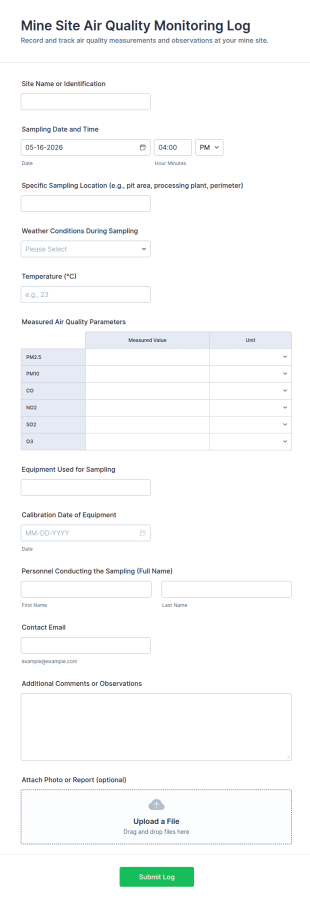 Mine Site Air Quality Monitoring Log Form Template