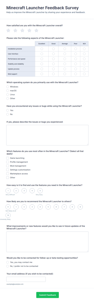 Minecraft Launcher Feedback Survey Form Template
