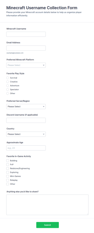 Minecraft Username Collection Form Template