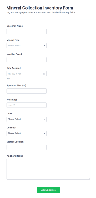 Mineral Collection Inventory Form Template