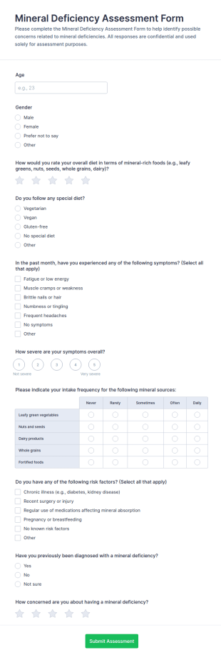 Mineral Deficiency Assessment Form Template
