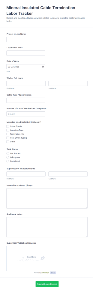 Mineral Insulated Cable Termination Labor Tracker Form Template