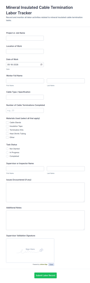 Mineral Insulated Cable Termination Labor Tracker Form Template