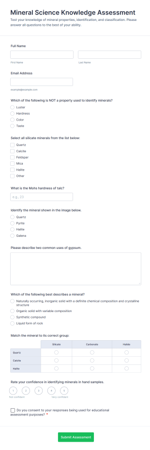 Mineral Science Knowledge Assessment Form Template
