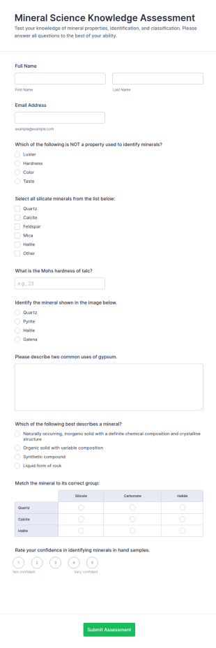 Mineral Science Knowledge Assessment Form Template