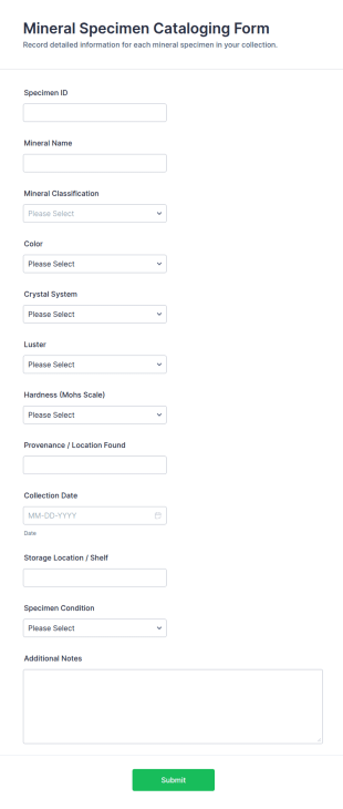 Mineral Specimen Cataloging Form Template