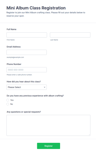 Mini Album Class Registration Form Template