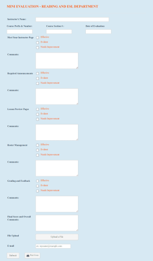 Mini Evaluation Form For Instructors Form Template