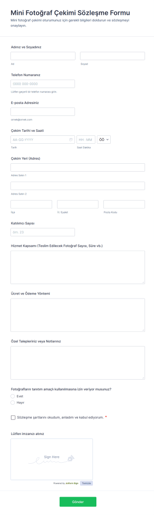 Mini Fotoğraf Çekimi Sözleşme Form Şablonu