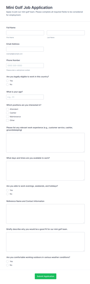 Mini Golf Job Application Form Template