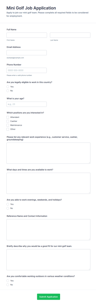 Mini Golf Job Application Form Template
