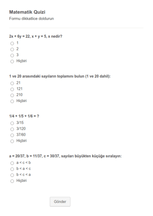 Mini Matematik Quizi Form Şablonu