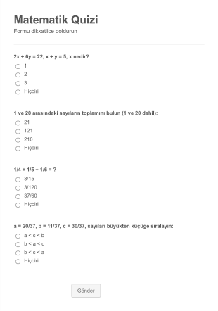 Mini Matematik Quizi Form Şablonu