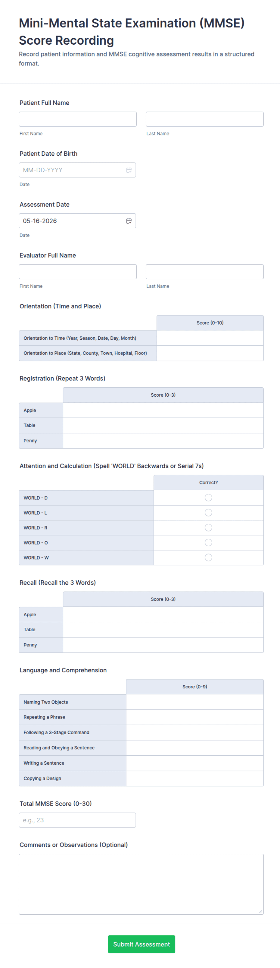 Mini-Mental State Examination (MMSE) Score Recording Form Template ...