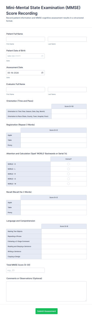 Mini Mental State Examination (MMSE) Score Recording Form Template