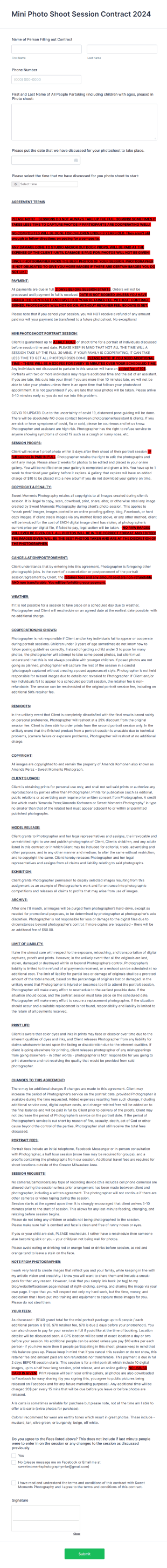 Mini Photo Shoot Session Contract Form Template