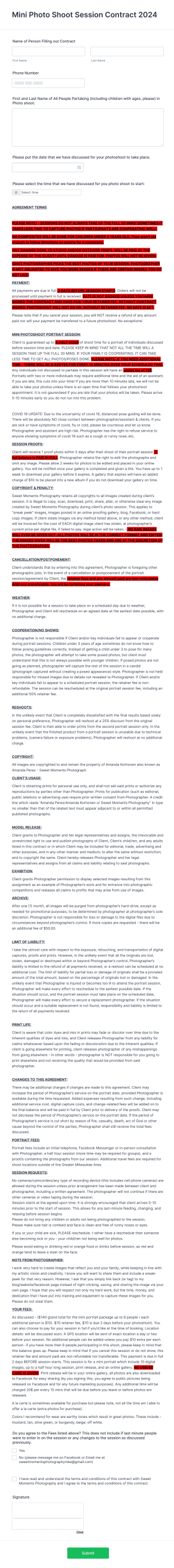 Mini Photo Shoot Session Contract Form Template
