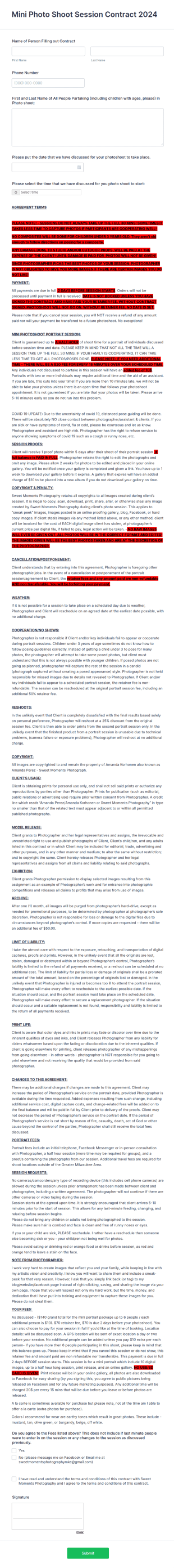 Mini Photo Shoot Session Contract Form Template