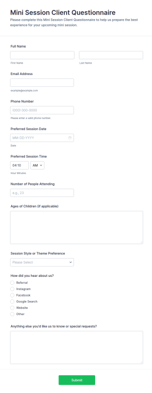 Mini Session Client Questionnaire Form Template