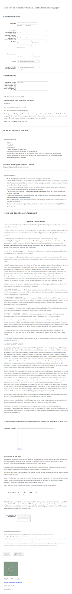 Mini Session Haley Barnhill Photography Session Contract Form Template