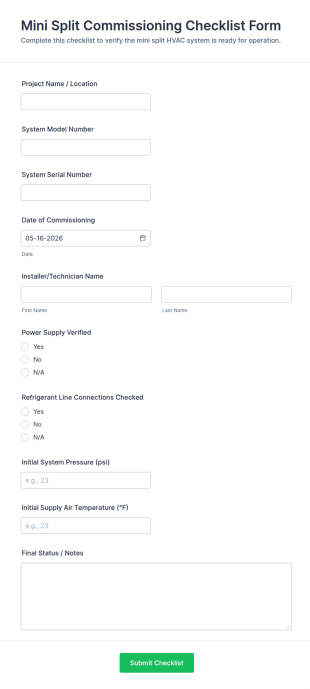 Mini Split Commissioning Checklist Form Template