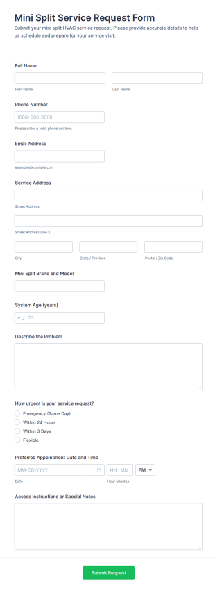 Mini Split Service Request Form Template