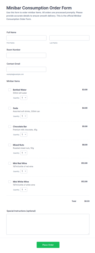 Minibar Consumption Order Form Template