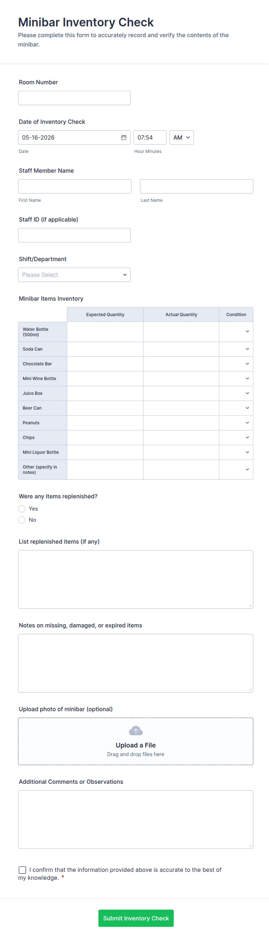 Minibar Inventory Check Form Template | Jotform