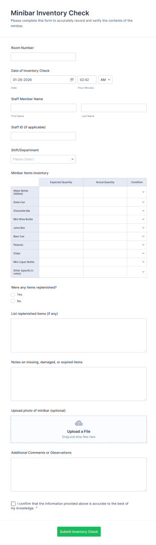 Minibar Inventory Check Form Template