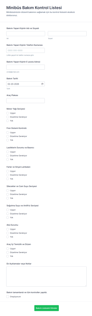 Minibüs Bakım Kontrol Listesi Form Şablonu