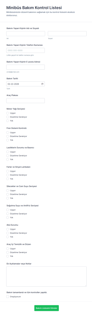 Minibüs Bakım Kontrol Listesi Form Şablonu