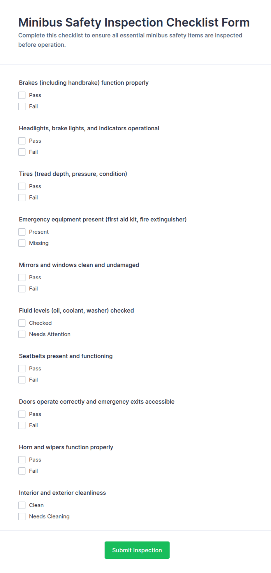 Example Insection Report Form Minibus Safety Inspection Checklist Form Template | Jotform