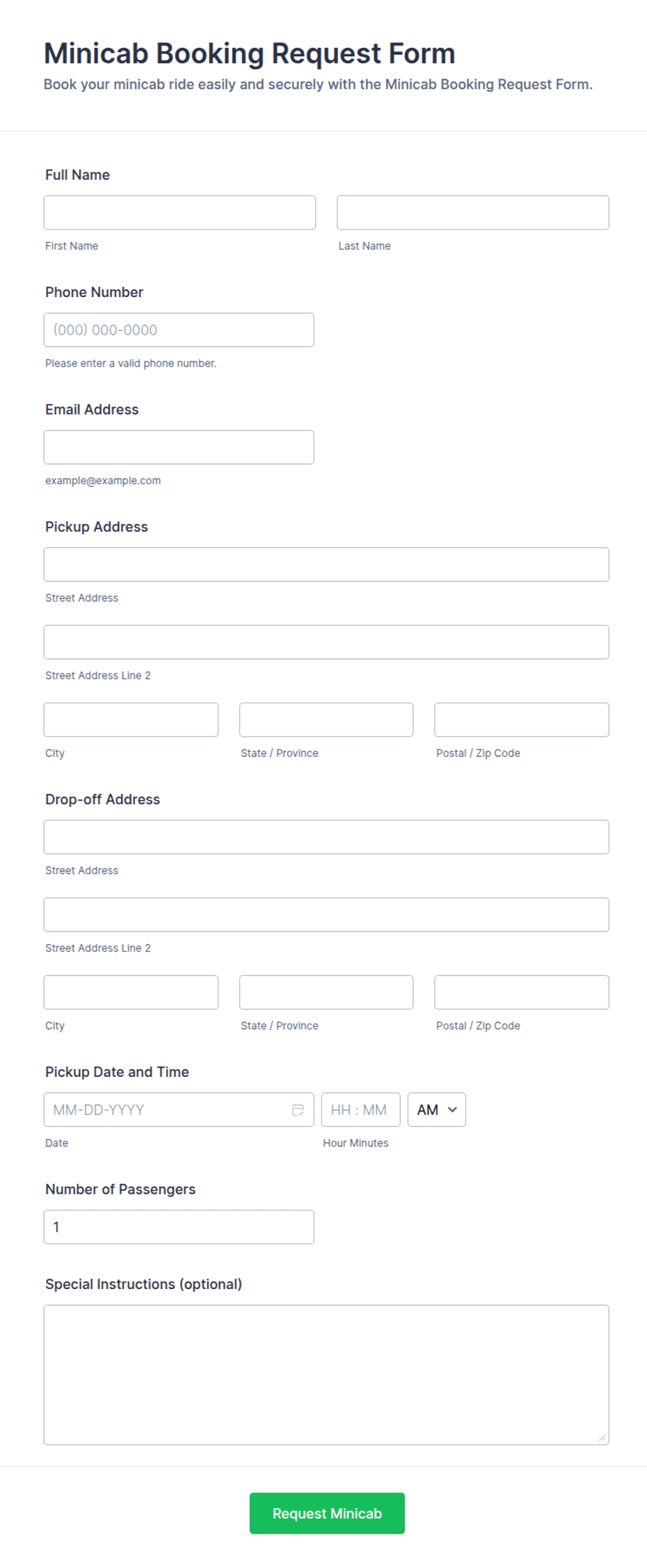 Minicab Booking Request Form Template | Jotform