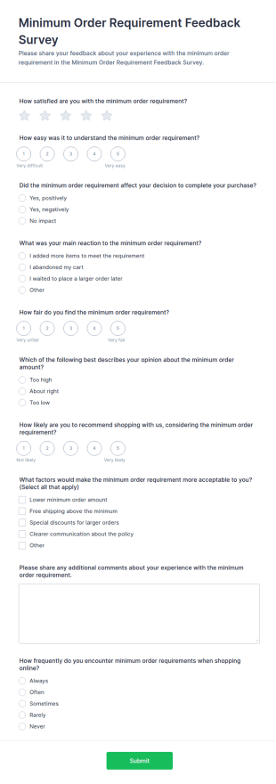 Minimum Order Requirement Feedback Survey Form Template