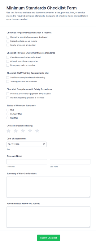 Minimum Standards Checklist Form Template