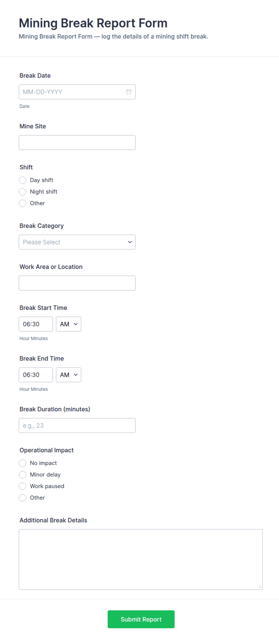 Mining Break Report Form Template | Jotform