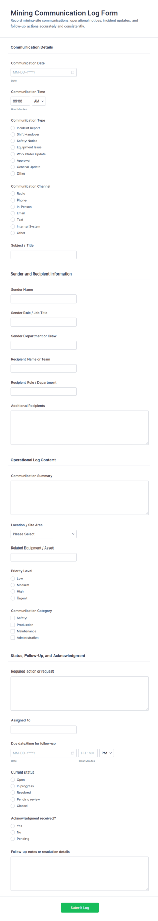 Mining Communication Log Form Template