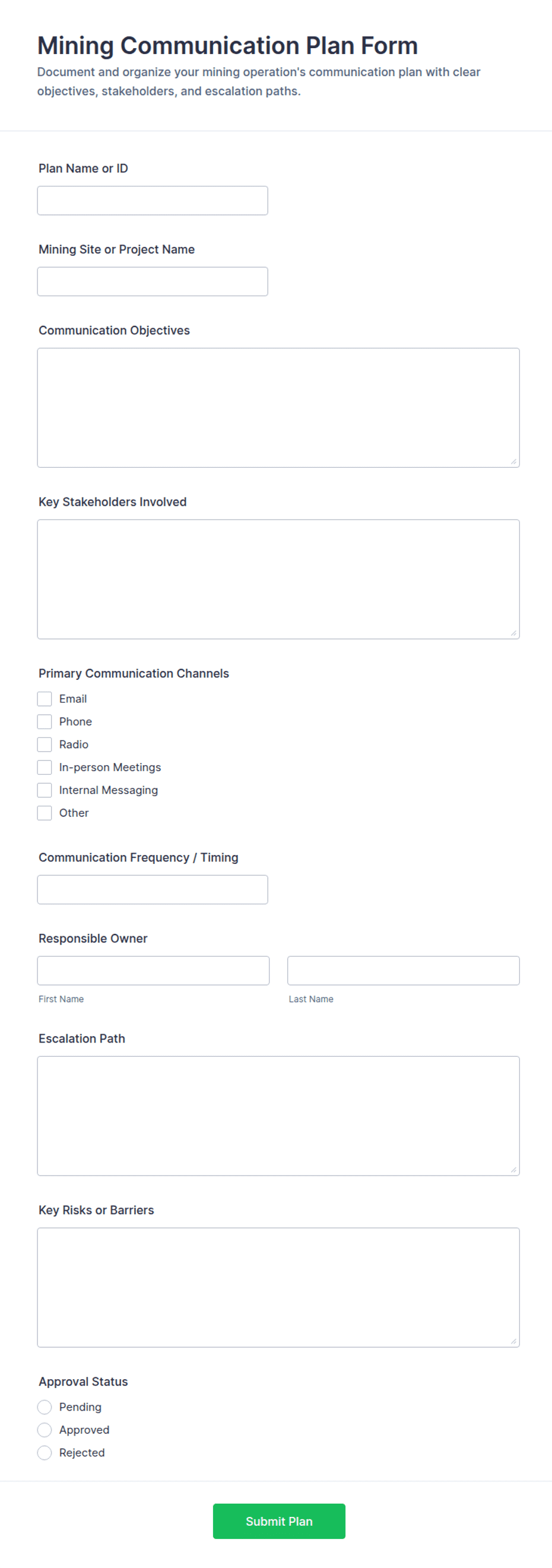Mining Communication Plan Form Template | Jotform