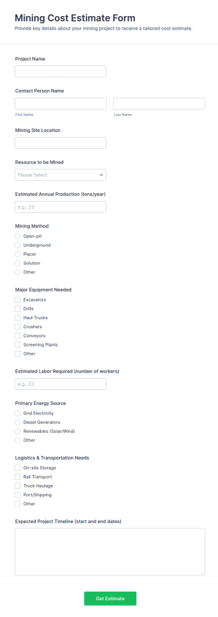 Mining Cost Estimate Form Template
