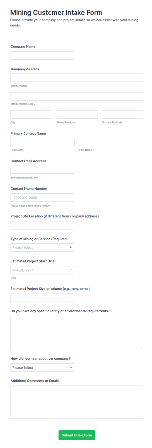 Mining Customer Intake Form Template