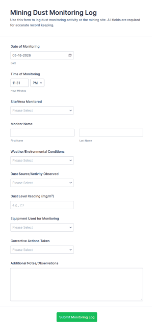 Mining Dust Monitoring Log Form Template